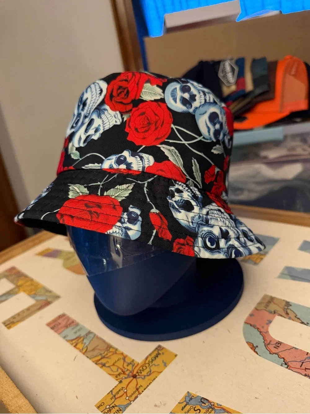 Reversible Roses & Skulls Bucket Hat - Black & Red